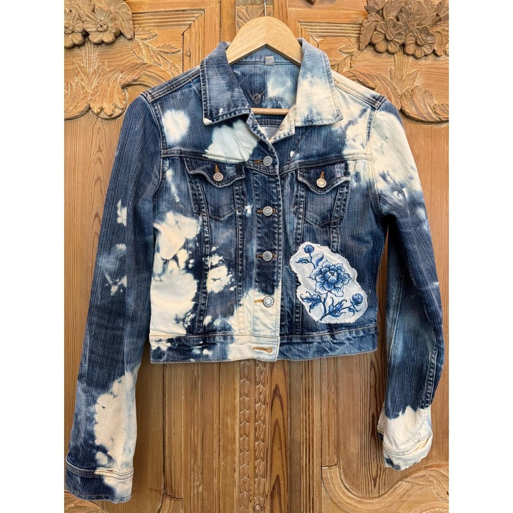 Distressed/Upcycled Denim Jacket| Vintage Teacup Patchwork| Soft Grunge| Medium - Picture 3 of 6